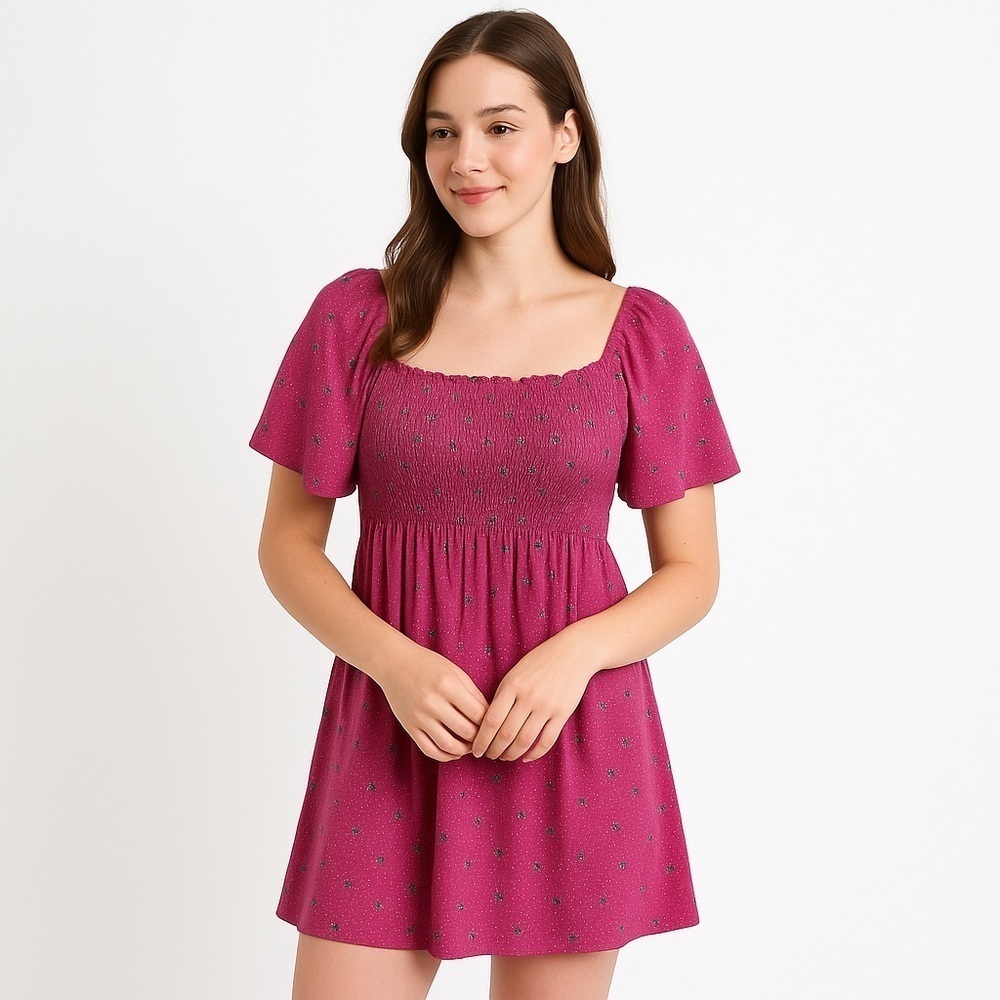 MAINSTREET BLUES Adorable Dark Pink Mini-Dress with Floral Print & Polka Dots